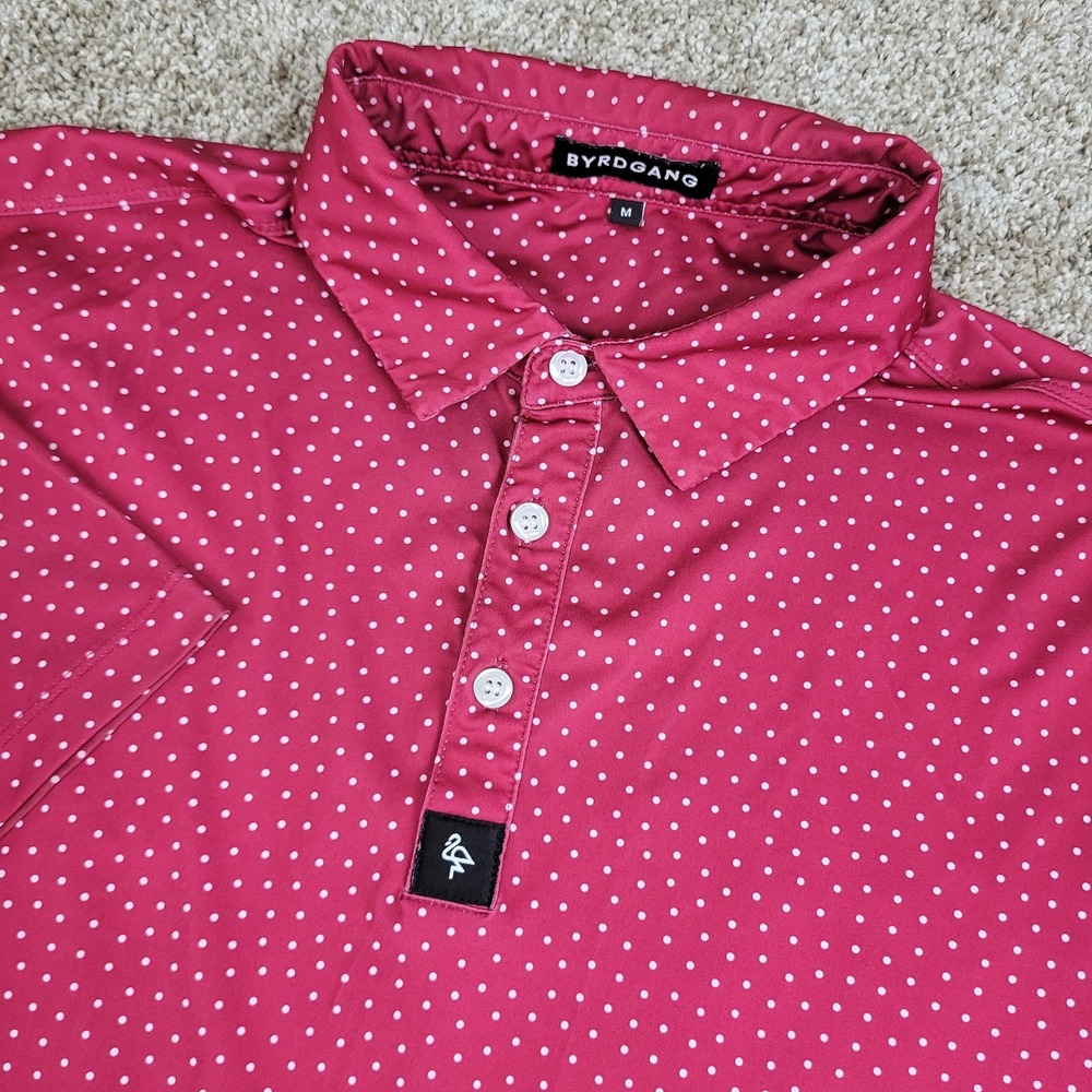 Byrdgang Mens Medium Red AOP Polka Dot Performance Stretch Golf Polo SS